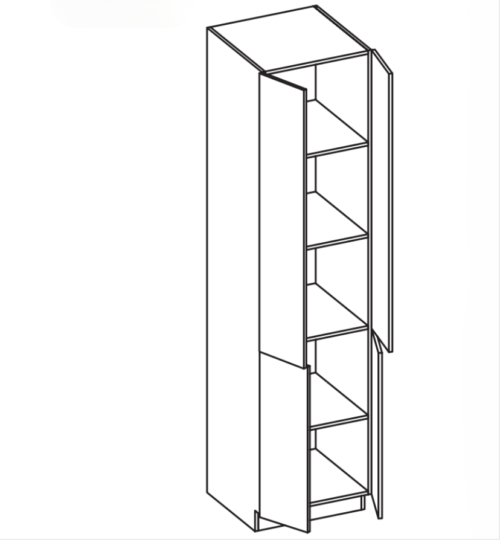 Line drawing of a tall shelving unit with multiple shelves and a door.